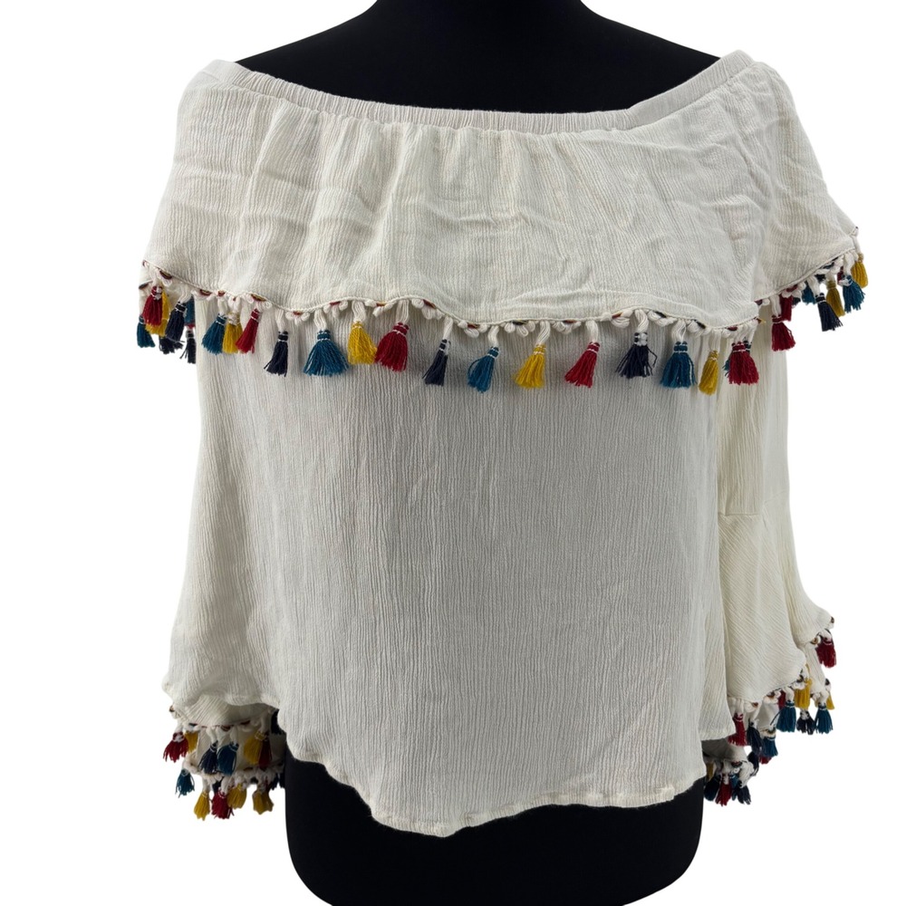Altar'd State Cream Tassel Off Shoulder Boho Cottagecore Bell Sleeve Blouse L